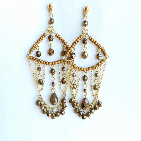 Vintage Czech hand made chandelier earrings gold - Picture 2 of 6